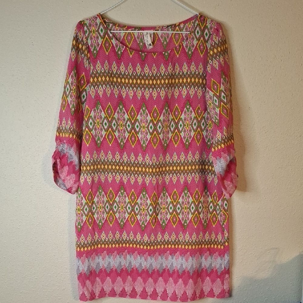 Pink Owl Pink Orange Sheath Dress 3/4 Sleeve Size Medium